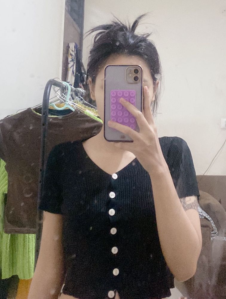 Cute Black Button-Up Top