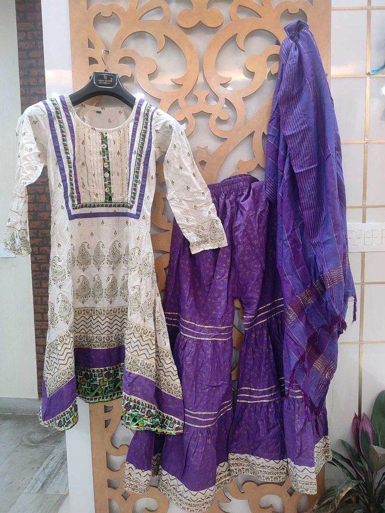 White &amp; Purple Kurti Sharara