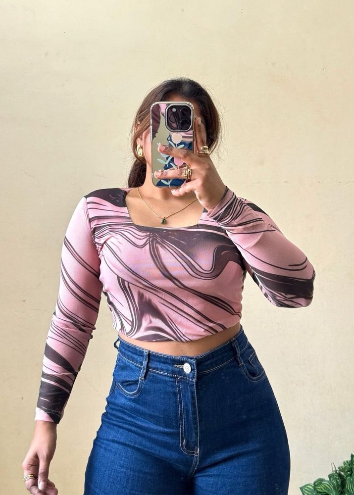 Pink Marble Printed Mesh Top