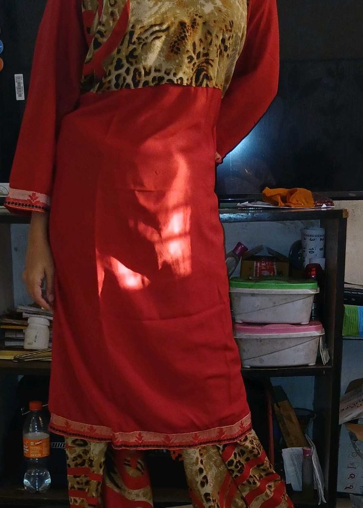 Red &amp; Animal Print Kurta Set