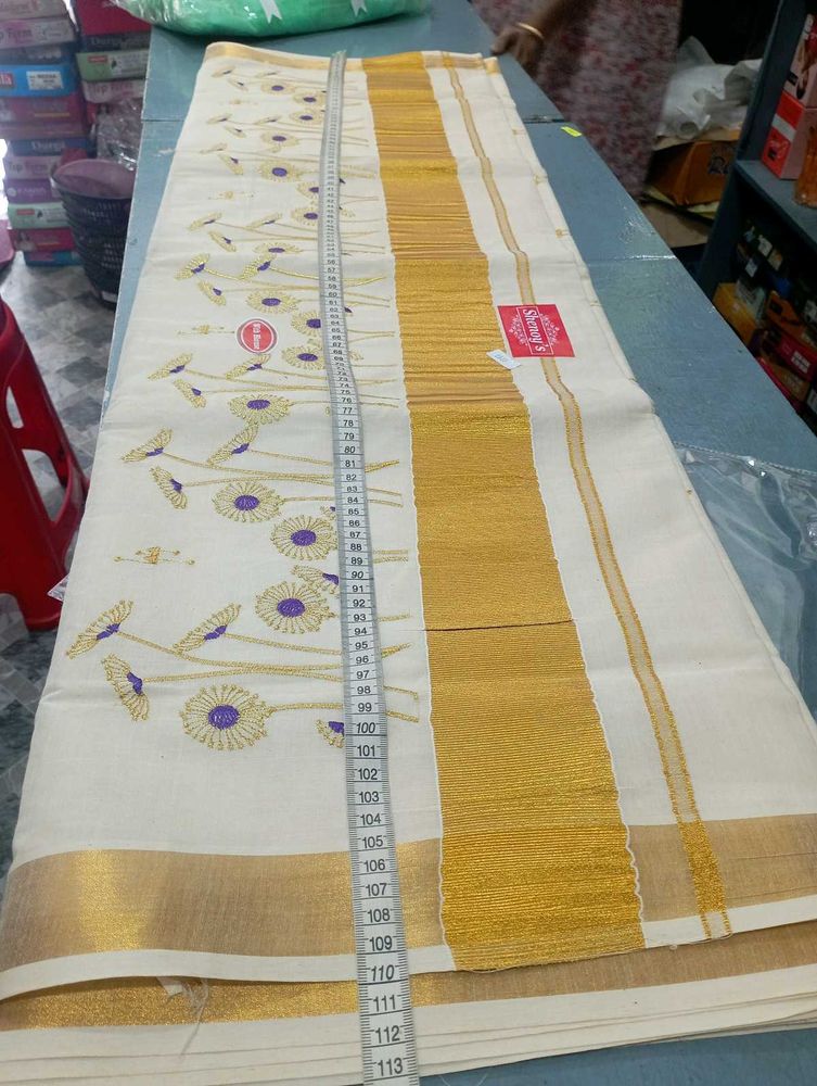 Kerala Saree with Floral Embroidery