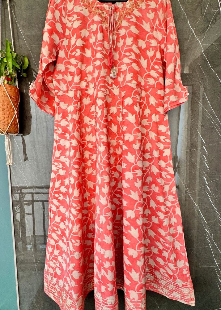 Coral Floral Print Kurti Set With Dupatta