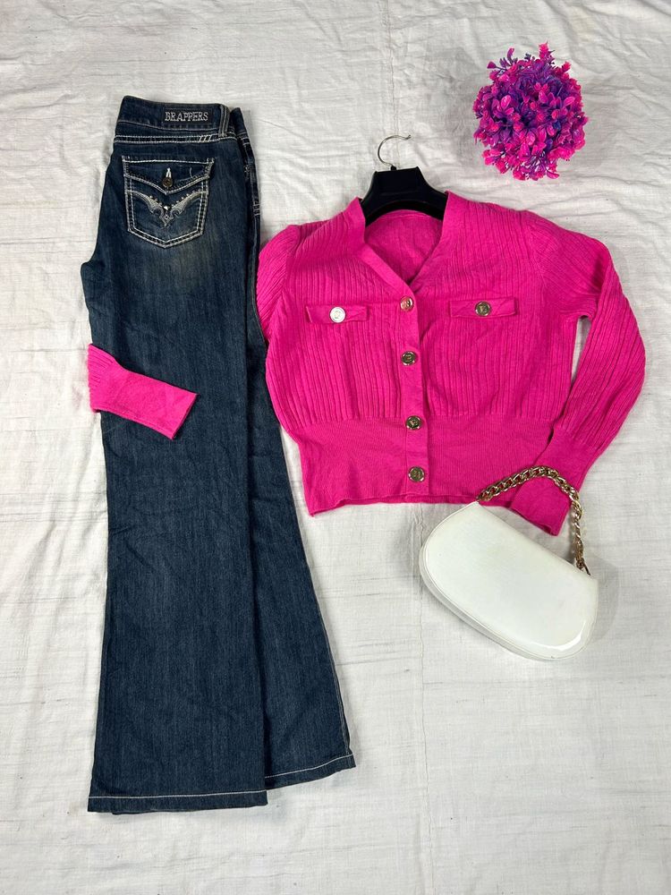 Flared Jeans &amp; Pink Cardigan