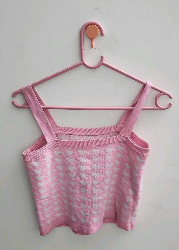 Pink Houndstooth Knit Crop Top