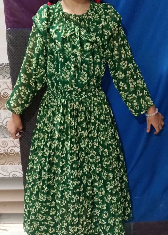 Green Floral Print Long Sleeve Dress