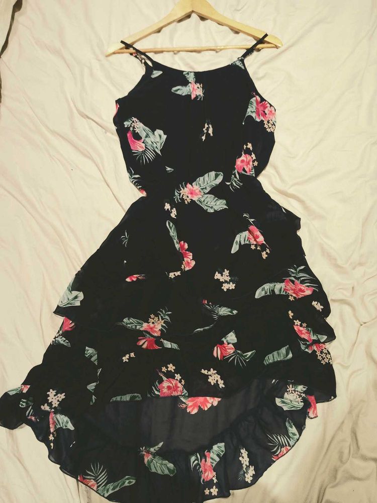Navy Blue Floral Print Dress with Ruffles, Size-S