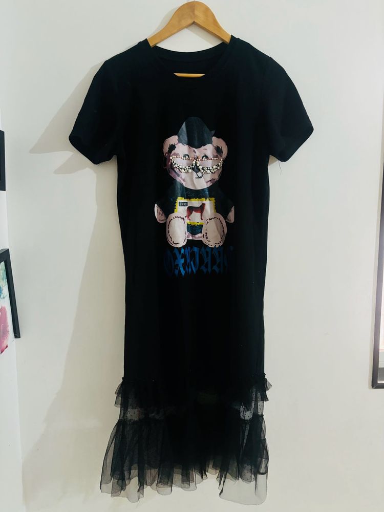 Black T-Shirt Dress with Teddy Bear
