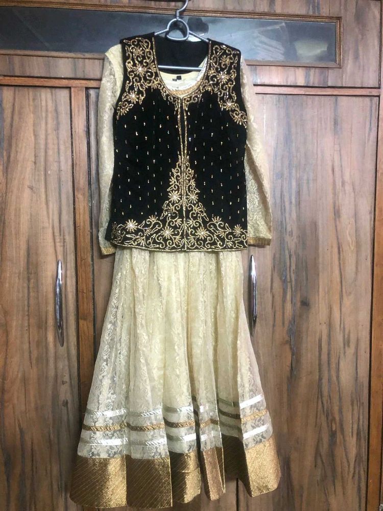 Golden Anarkali With Black Stone Work Shrug