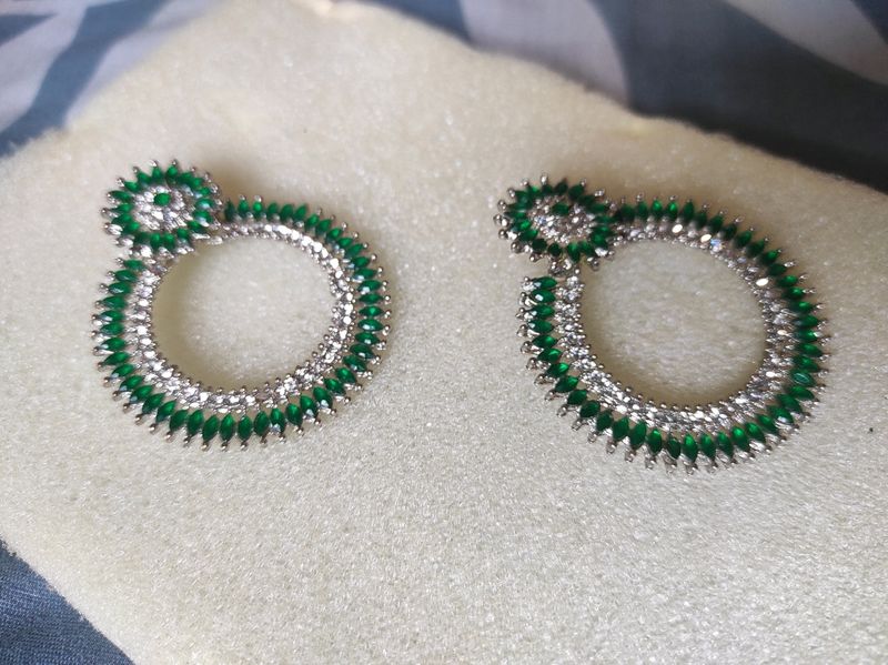 Green &amp; White Diamond Chand Bali Earrings