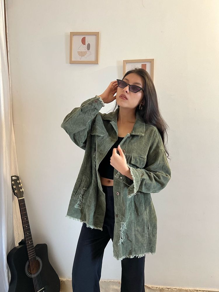 Trendy Green Corduroy Jacket