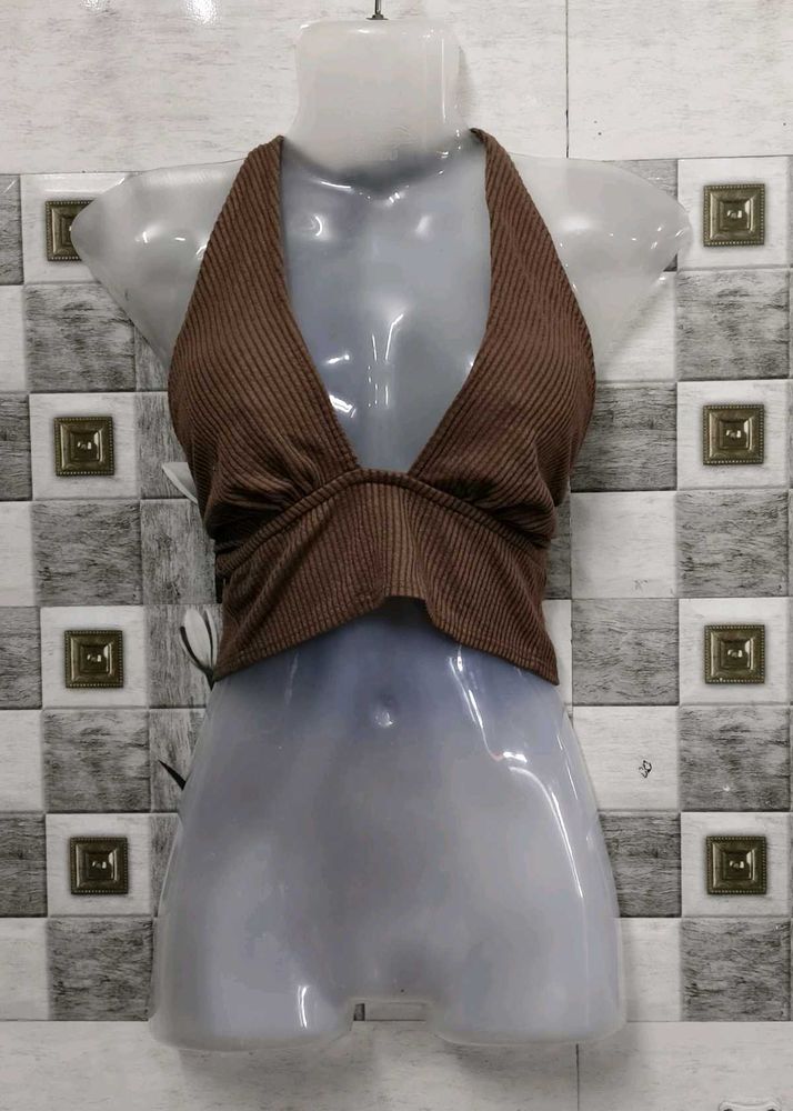 Brown Halter Neck Crop Top