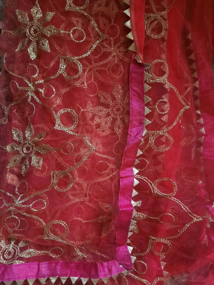 New golden work pink dupatta for women