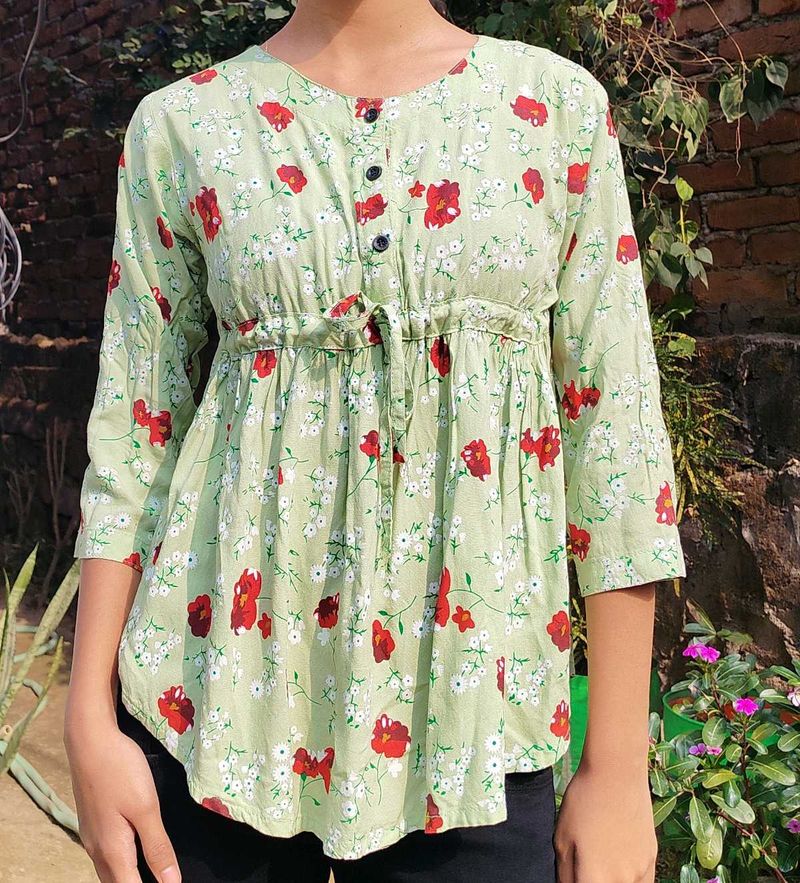 Green Floral Print Top
