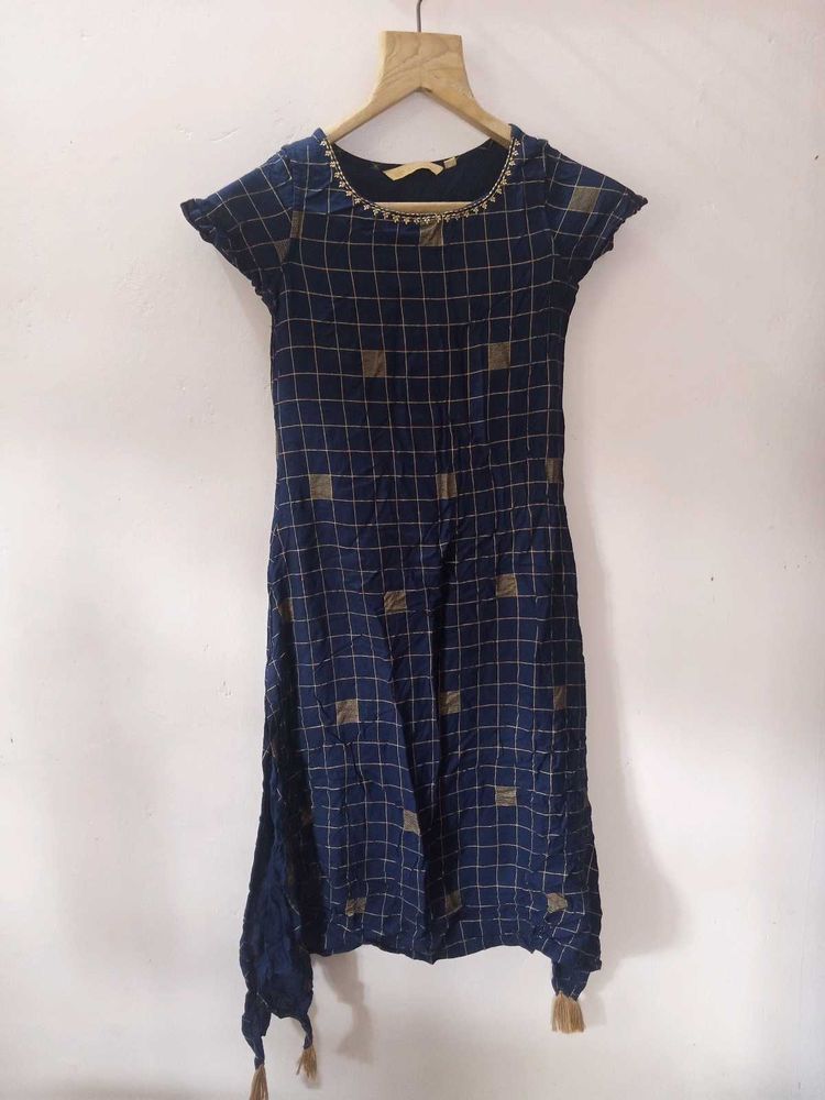 Navy Blue Checked Kurta