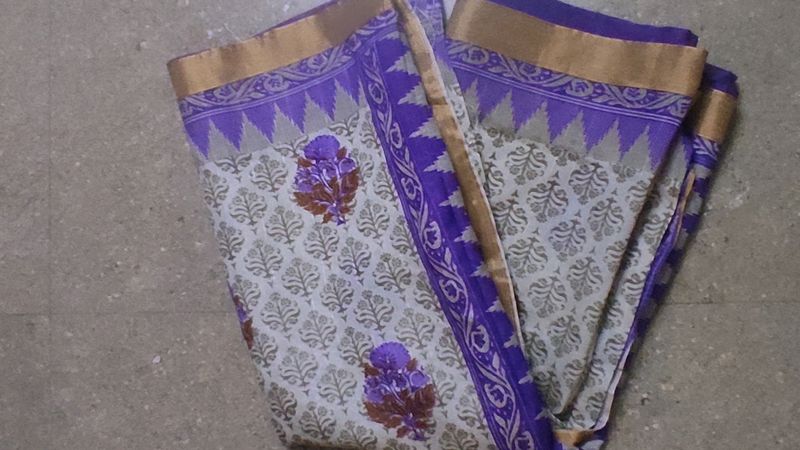 Violet Cotton Saree With Golden Border