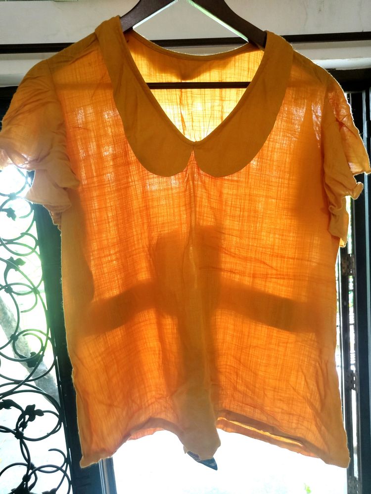 Mustard Yellow Top With Blue Kalamkari Bow