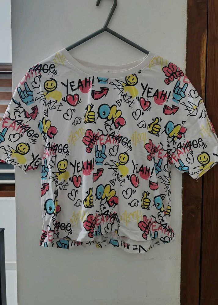 Cute White Tshirt With Multicolour Print