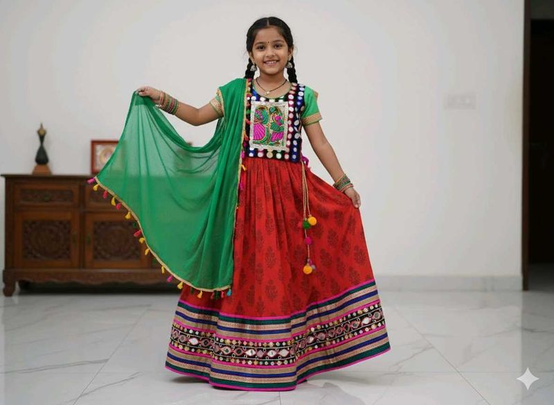 Girl&#39;s Ethnic Red &amp; Green Lehenga Choli