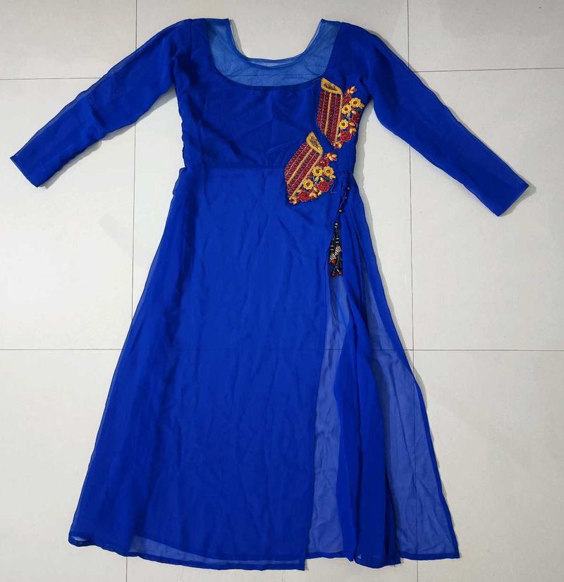 Beautiful Blue Side Cut Net Kurtie