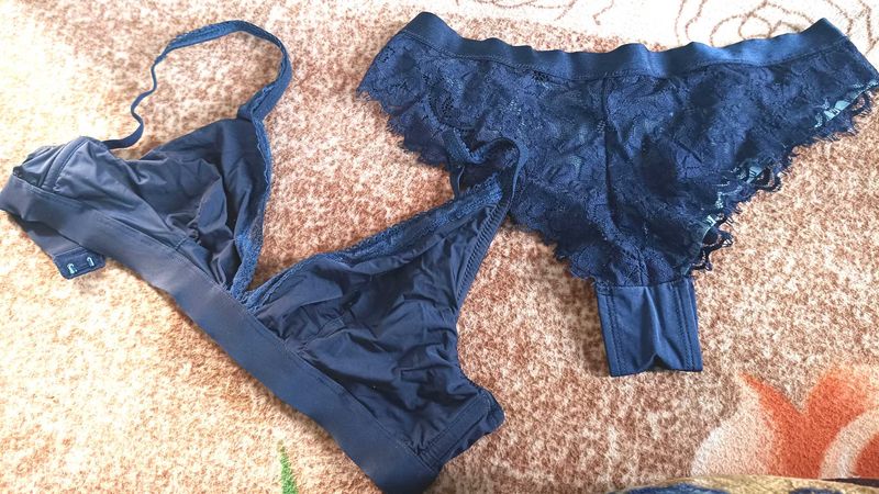Navy Blue Silky Non Wired Lingerie Set🩵🩵