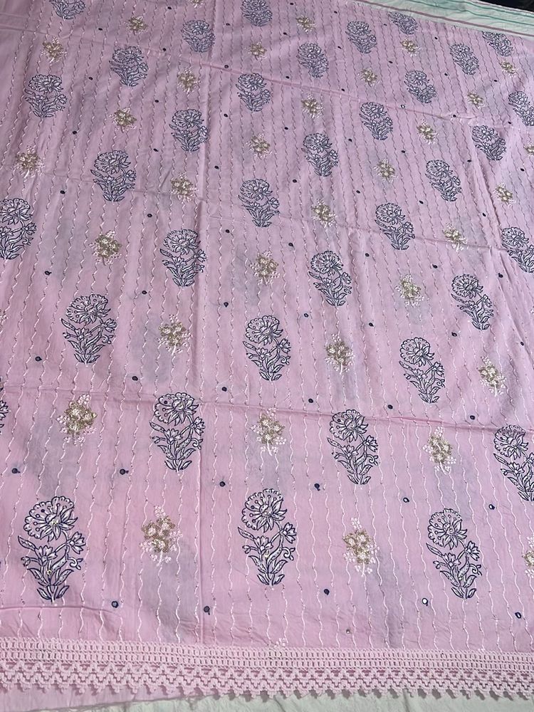 Pink Printed Unstitched Kurta Set &amp; Dupatta