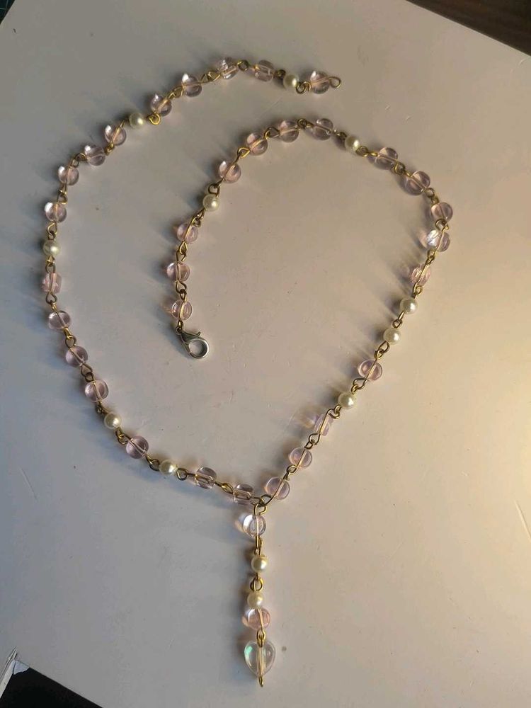 Pink Beaded Heart Pendant Necklace Adjustable