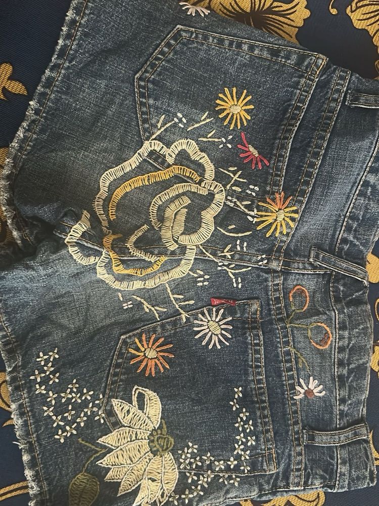Floral Embroidered Denim Shorts