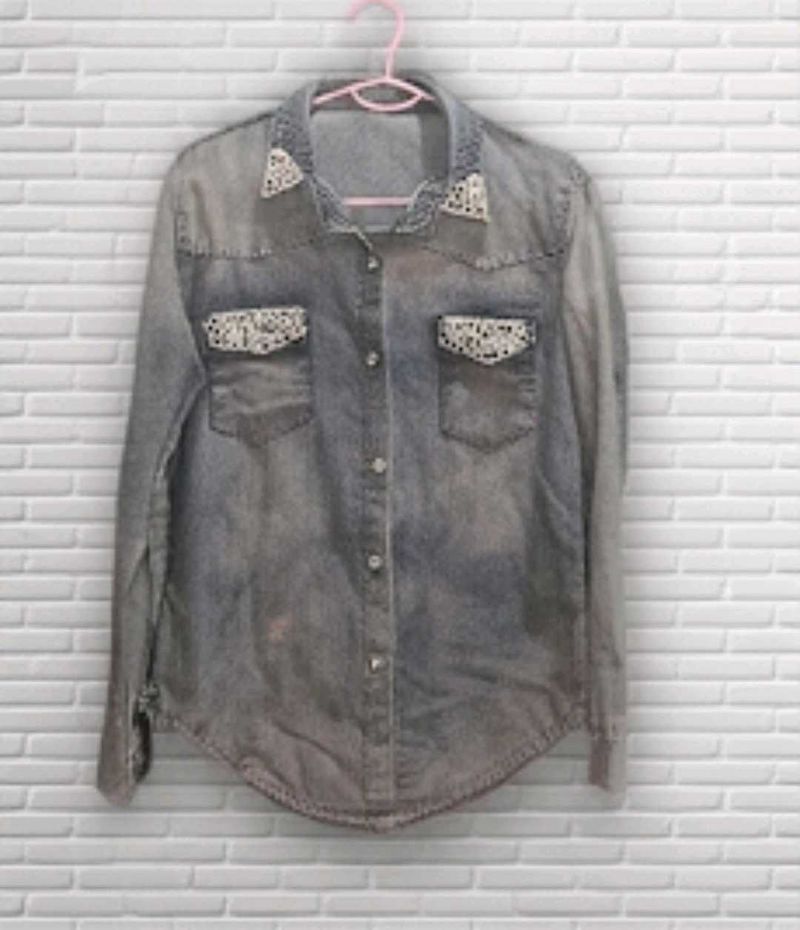 Combo Embellished Denim Button-Down