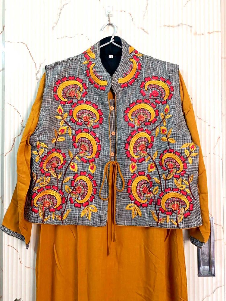 New Kurta With Embroidered Jacket Yellow