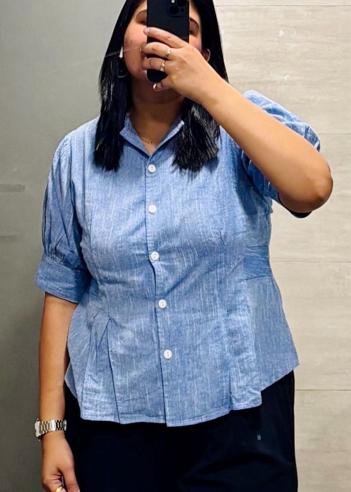 Blue Puff Sleeve Button-Up Top | Size: XXL | 44”