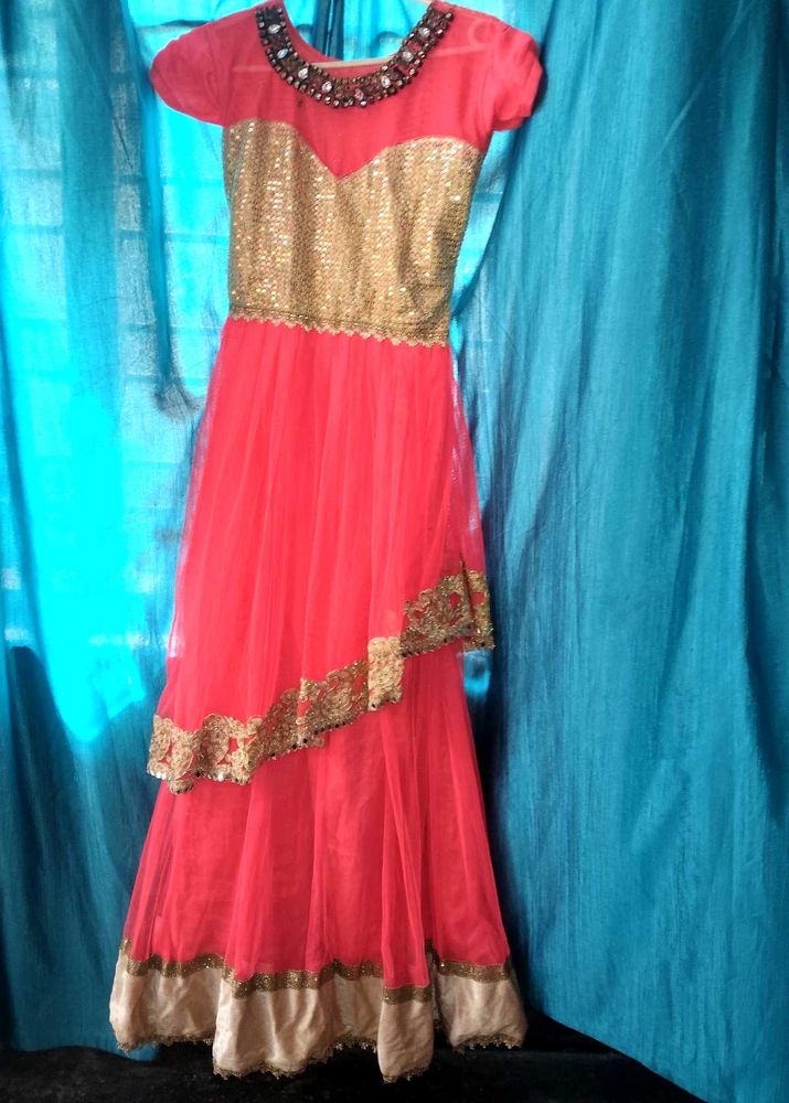 Coral &amp; Gold Embellished Party Dress