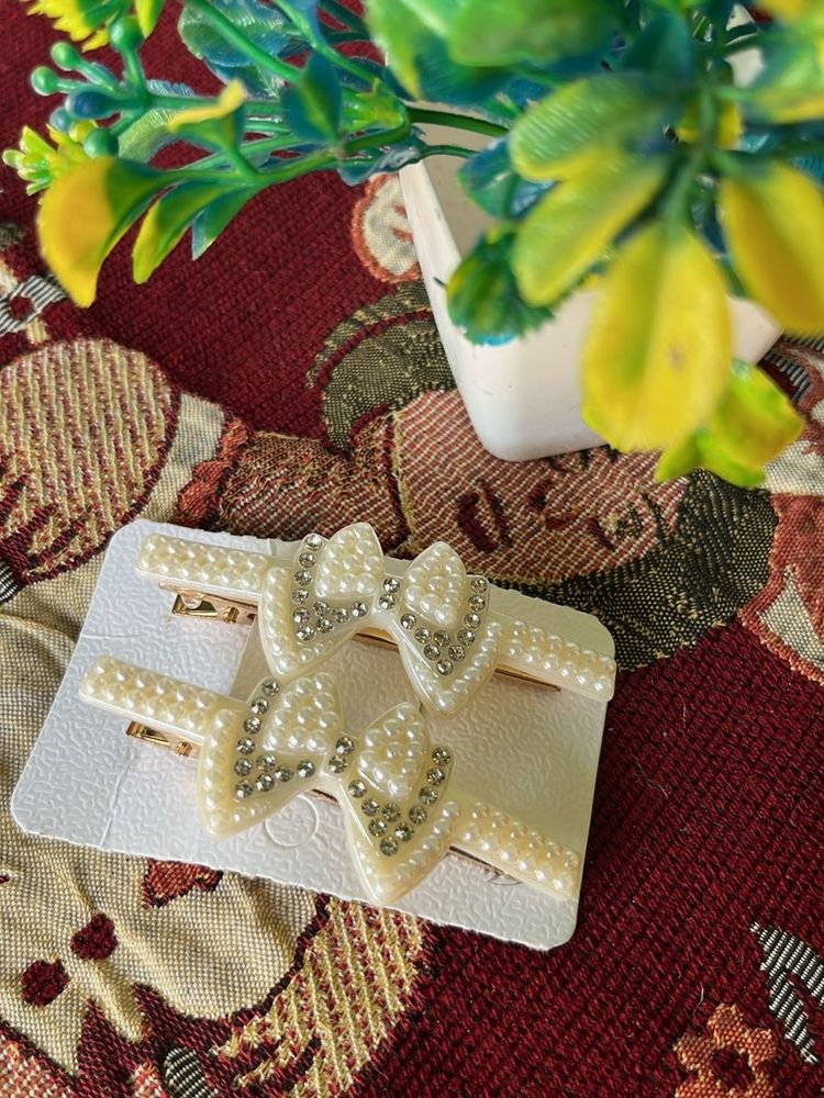 Pearl Bow Hair Clips - Set of 2