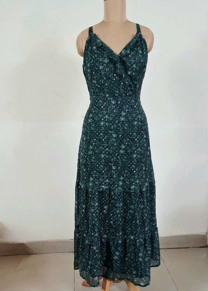 Faballey Wrap Front Green Floral Maxi Dress