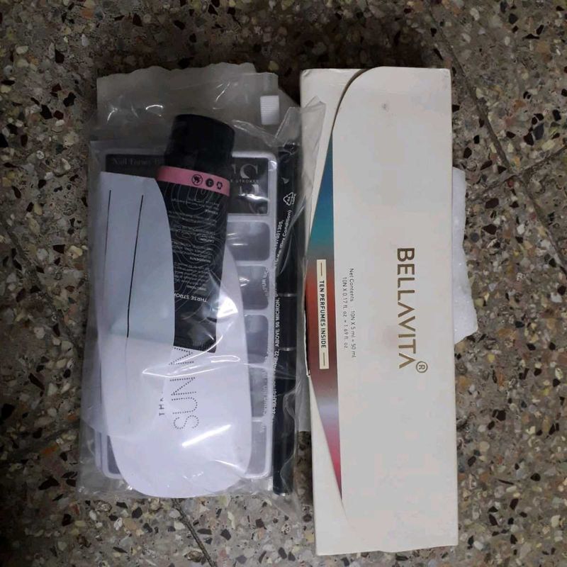 nail extensions kit and perfume samples