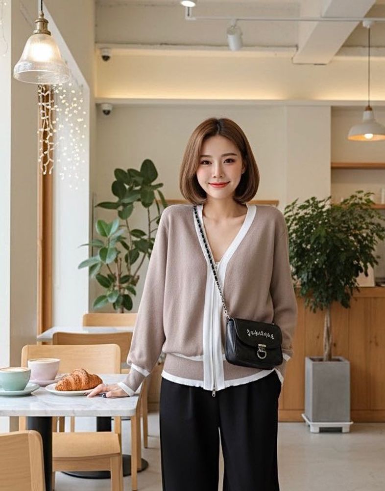 Korean Taupe Knit Zip-Up Cardigan