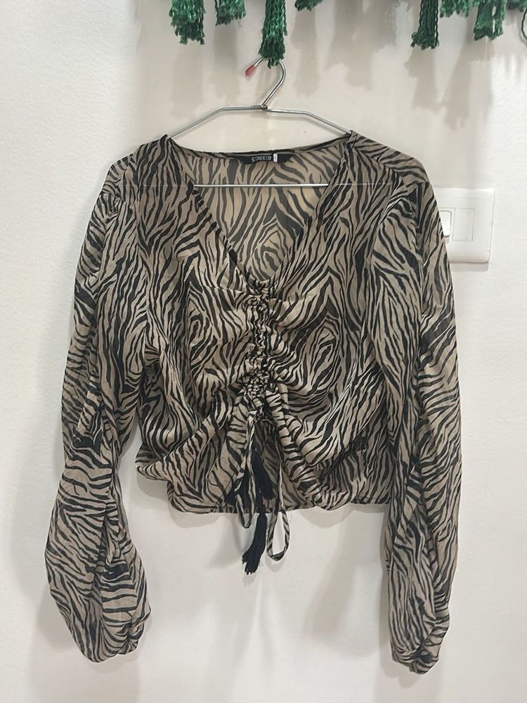 Black and Beige Front Tie Up Top