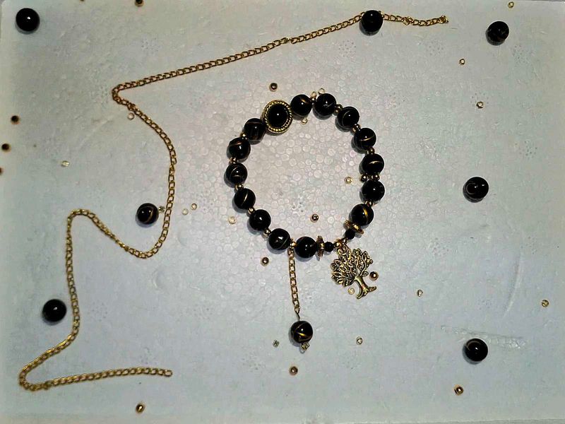 Black Beaded Bracelet with Tree Charm