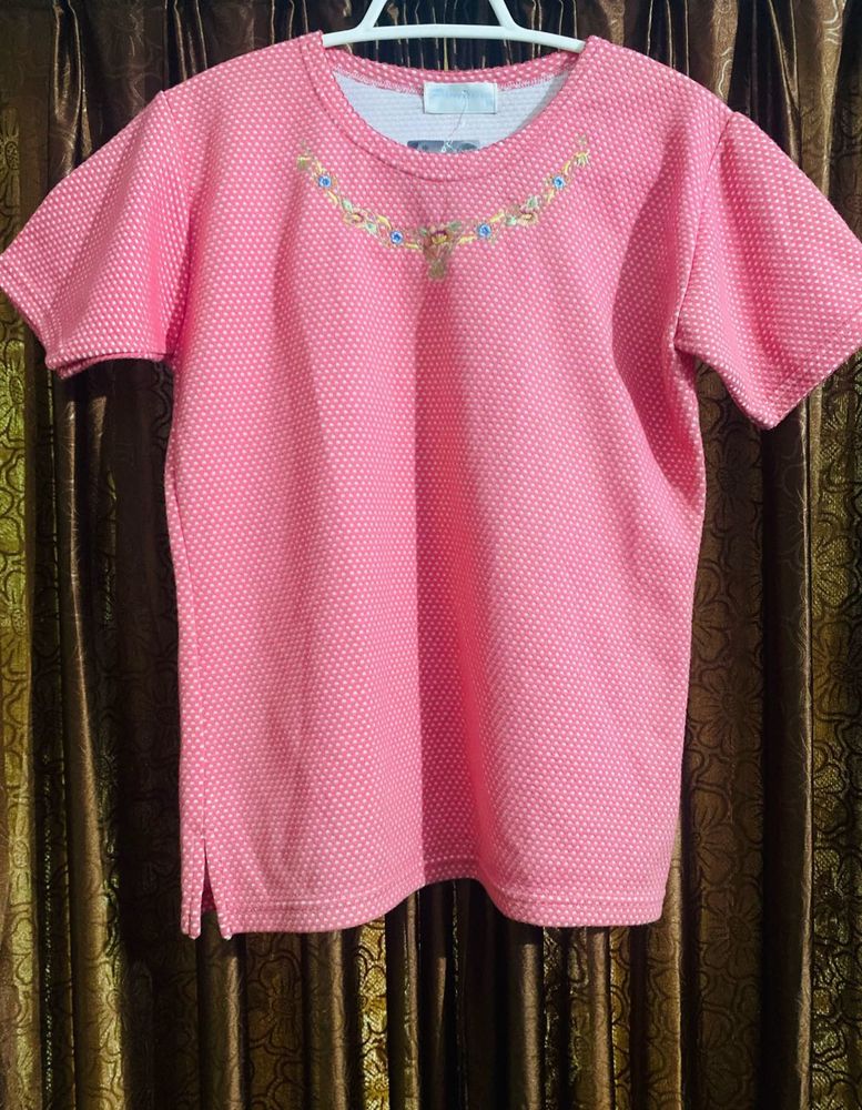 Pinteresty Pink Neck Embroidered Top