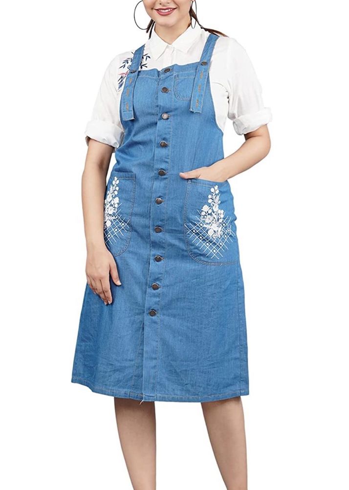 Denim 3/4 Dress Wd Embroidery And Front Botton