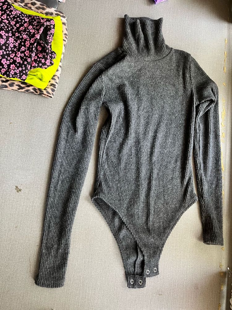 Gray Ribbed Turtleneck Bodysuit