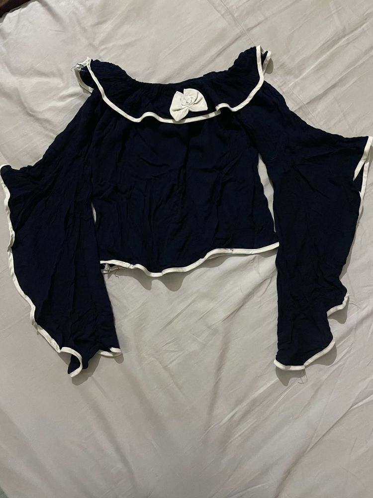 Navy Off-Shoulder Top with Bell Sleeves
