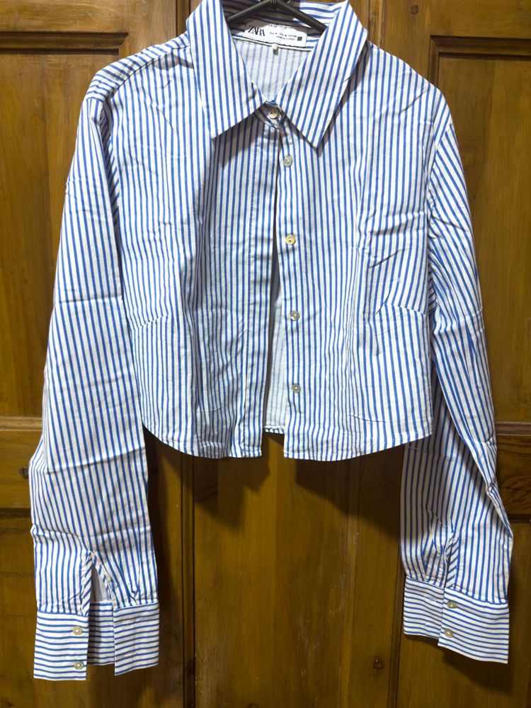 Zara Striped Crop Button-Down Shirt
