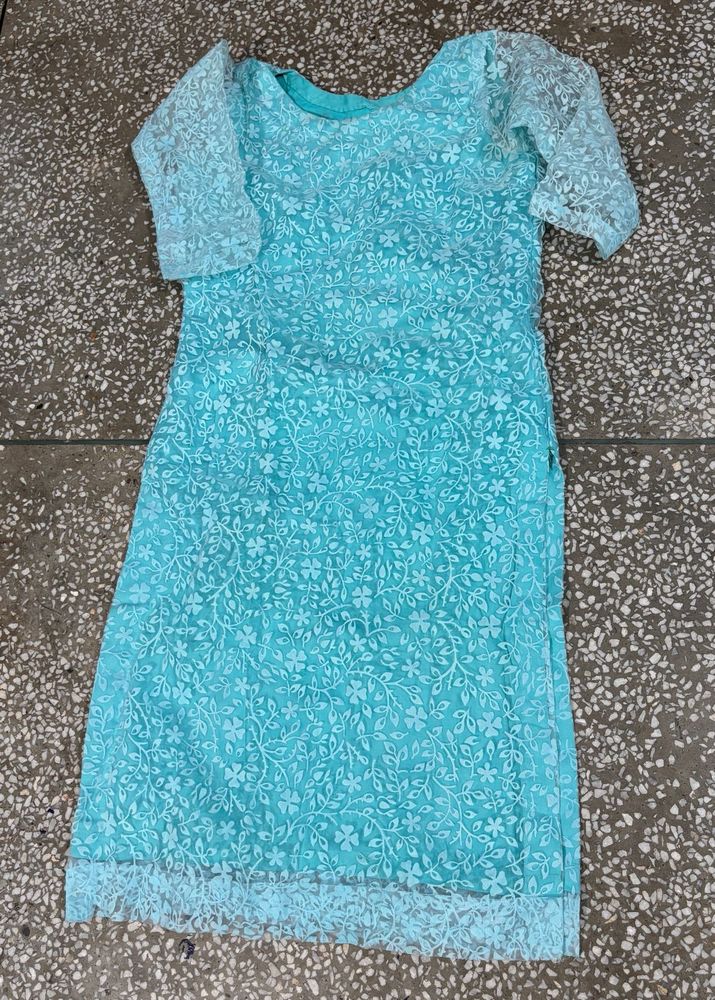 Aqua Embroidered Net Kurta