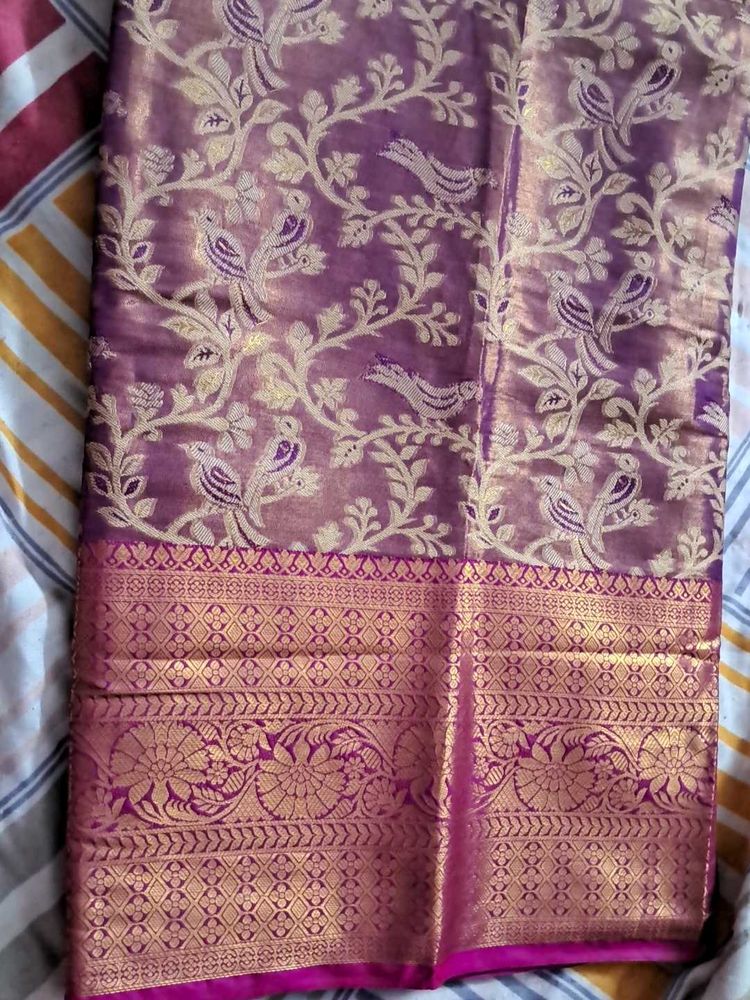 Purple Banarasi Silk Saree with stitched blouse