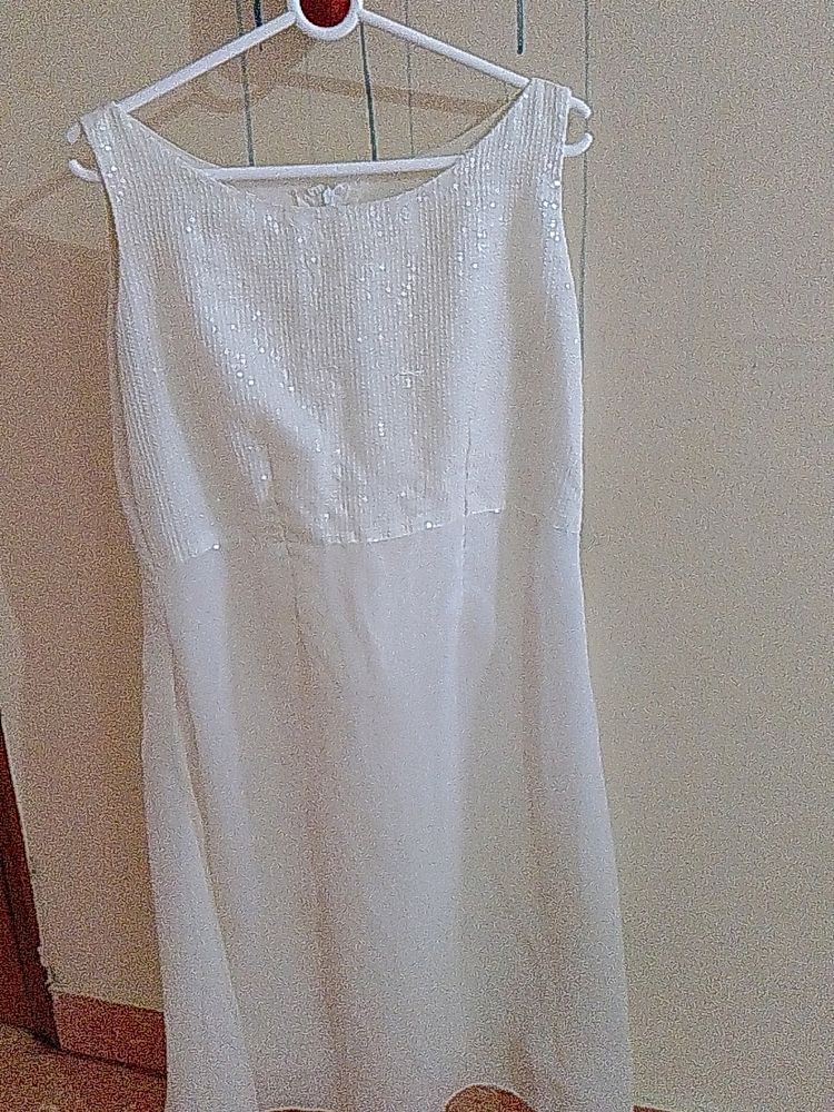 Plain White Half Frock With Sequenced Portion Till Bust.