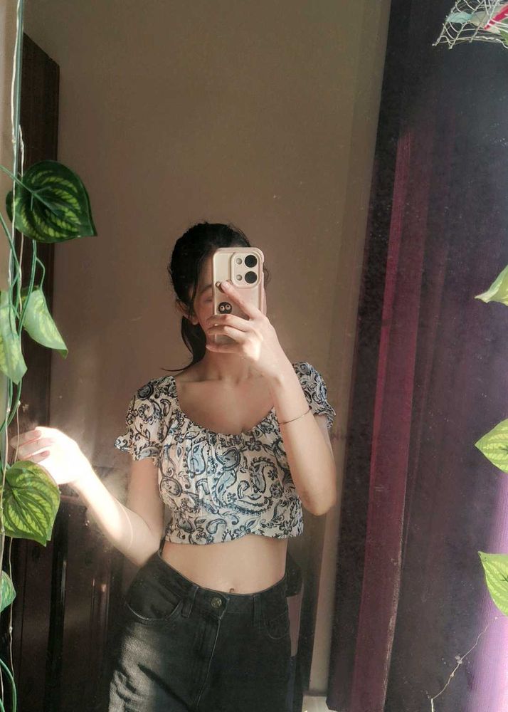 Cute Blue Crop Top With Bow Detailing In Back