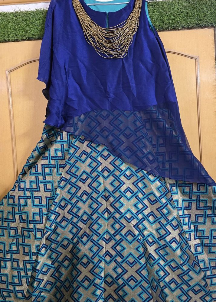 Blue &amp; Gold Patterned Dress with Necklace