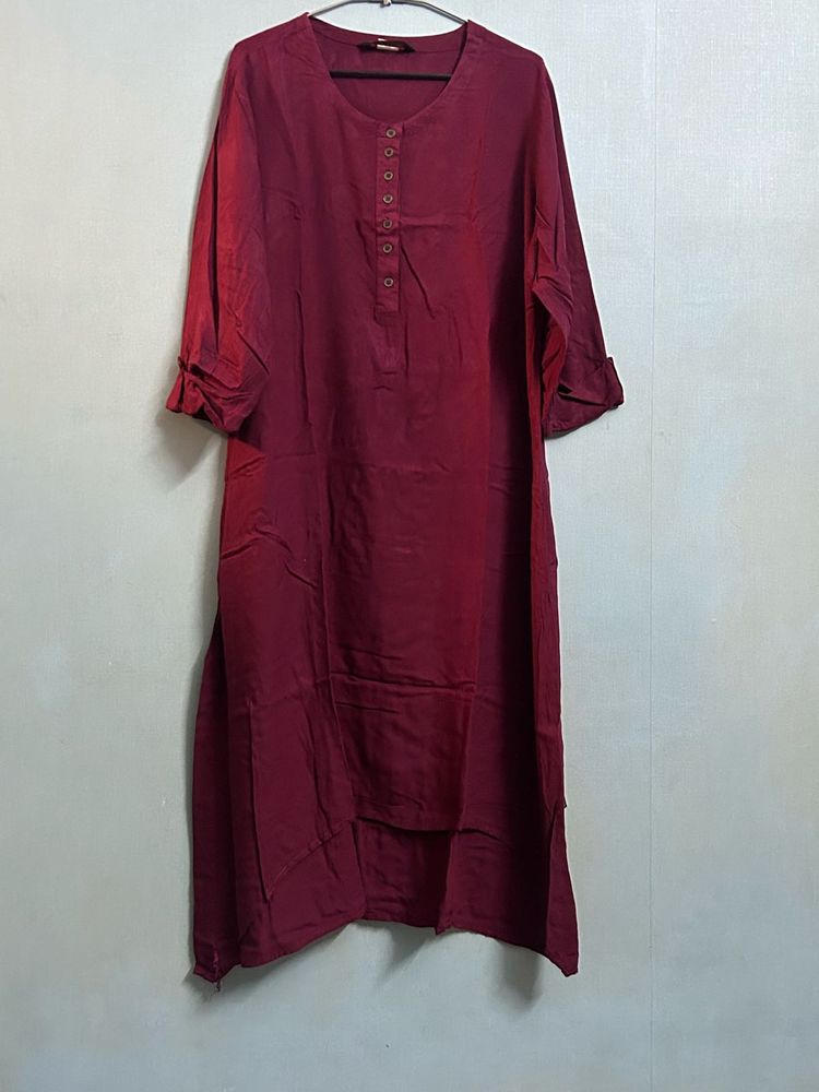 Maroon High-Low Kurti &amp; Printed Palazzo Two-Piece