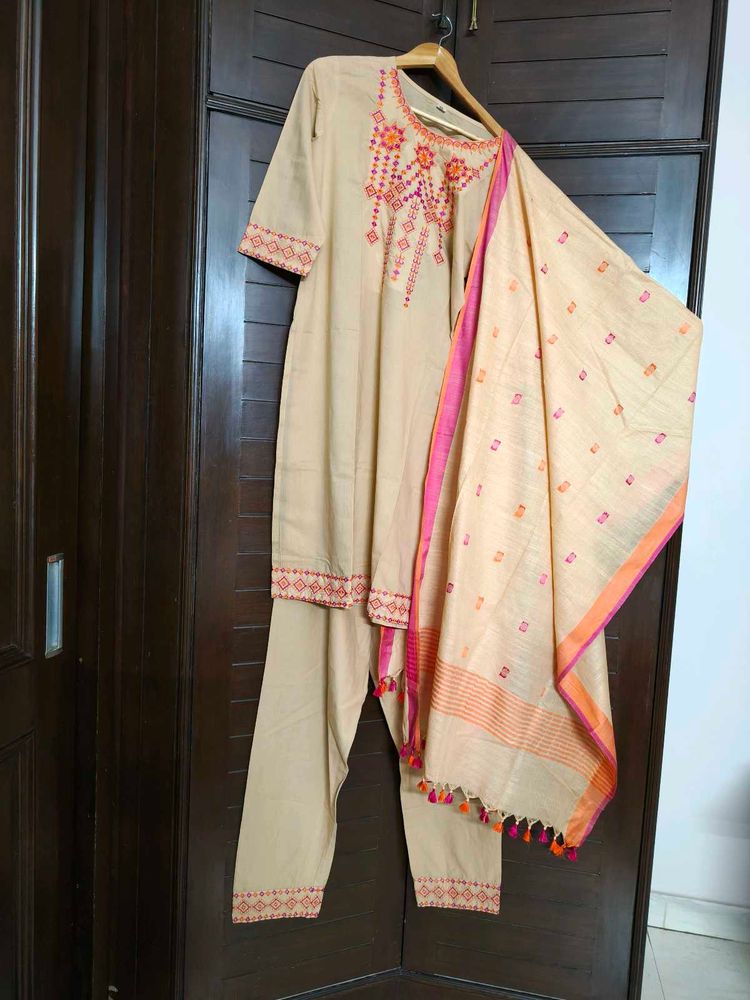 Women Beige Embroidery Khadi Cotton Suit Set