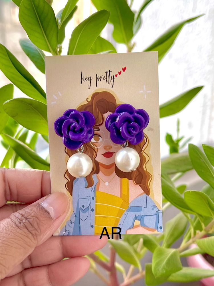 Purple Rose With Pearl Drop Earring